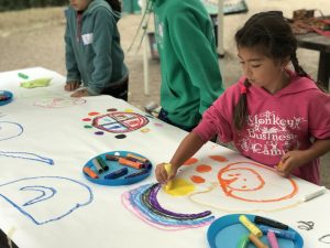 Monkey Business camper adds to collaborative mural at Tilden Outdoor Camp in Berkeley