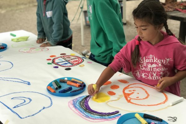 Monkey Business camper adds to collaborative mural at Tilden Outdoor Camp in Berkeley